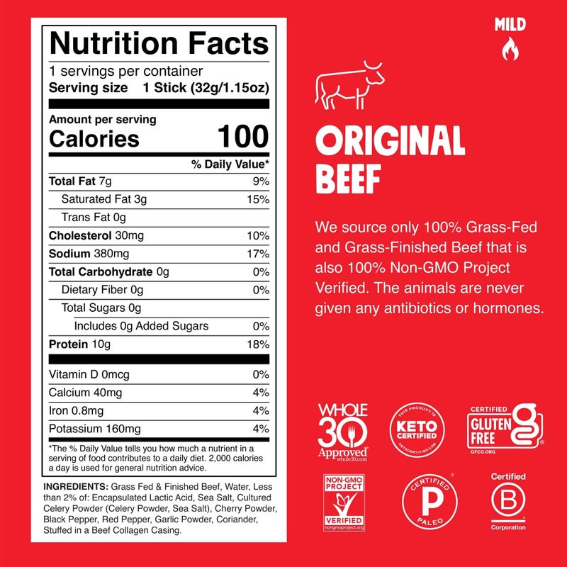 Chomps Grass-Fed and Finished Original Beef Jerky Snack Sticks 10-Pack - Keto, Paleo, Whole30, 10g Lean Meat Protein, Gluten-Free, Zero Sugar Food, Non-GMO - Image 2